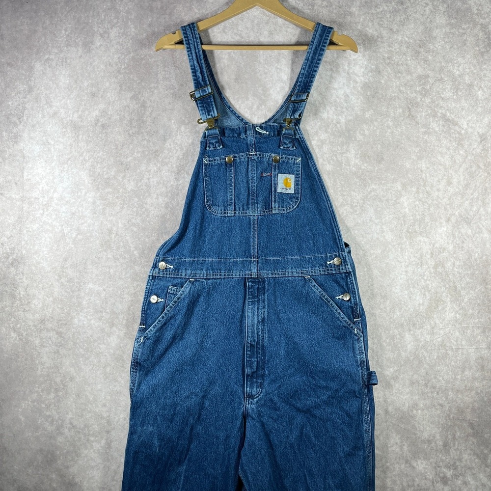 Carhartt Bib Overalls Mens 34X36 Denim Dark Stonewash Workwear Outdoors Farm - Picture 2 of 10